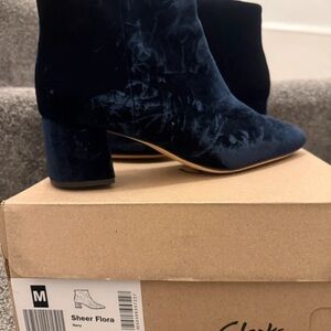 Clarks Navy Velvet Heeled Boots